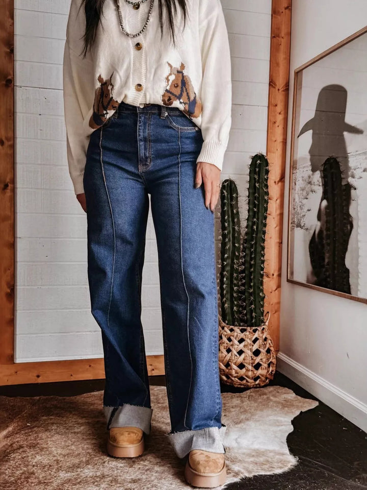 Dark Blue High-rise wide leg jeans with center seam and raw hem