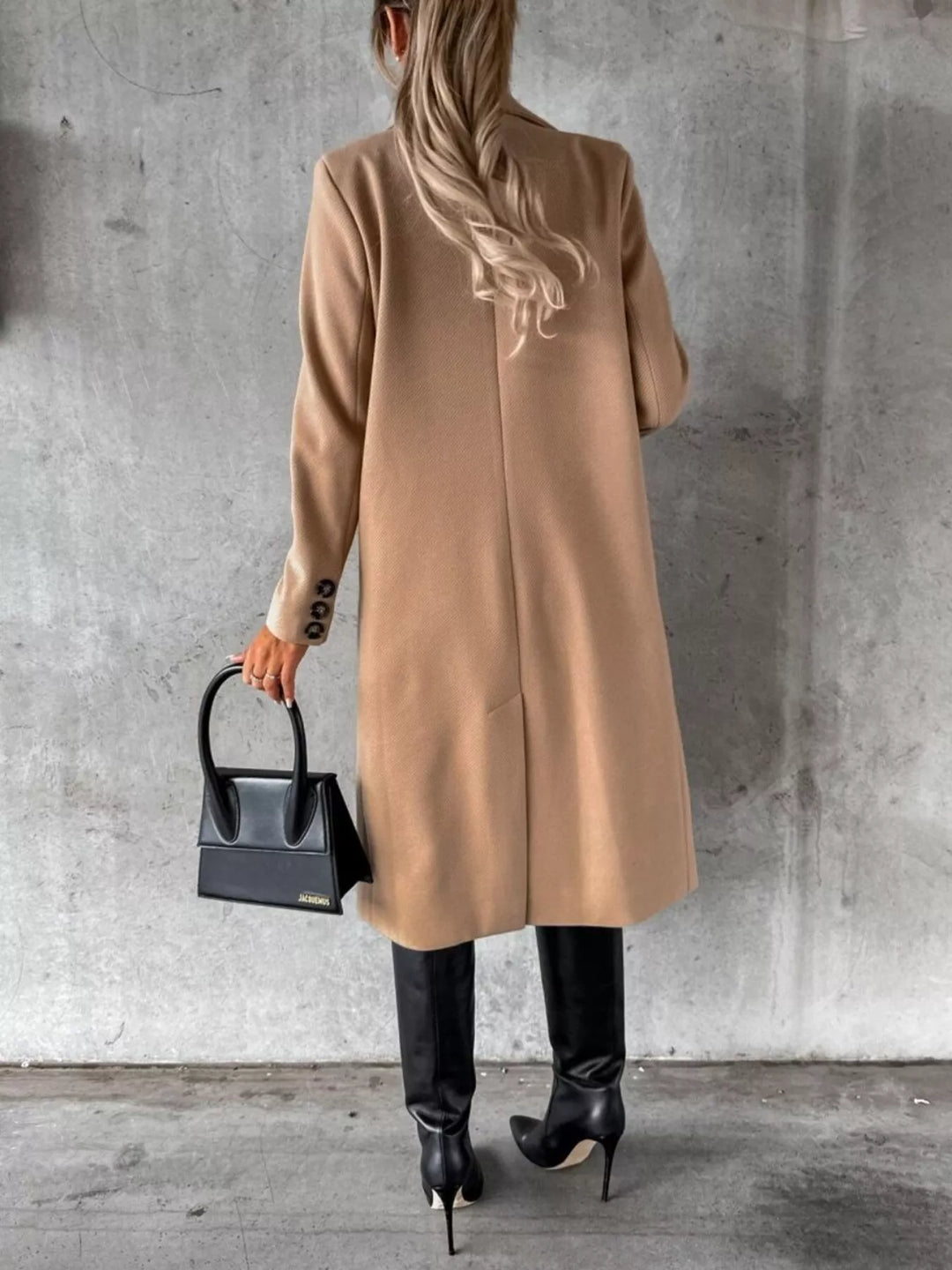 Double-breasted longline coat with notch lapel and flap pockets