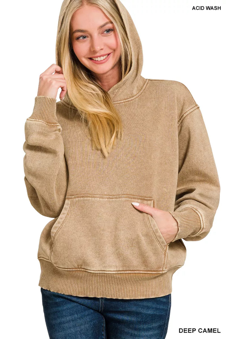 DEEP CAMEL Acid wash fleece pullover hoodie with kangaroo pocket