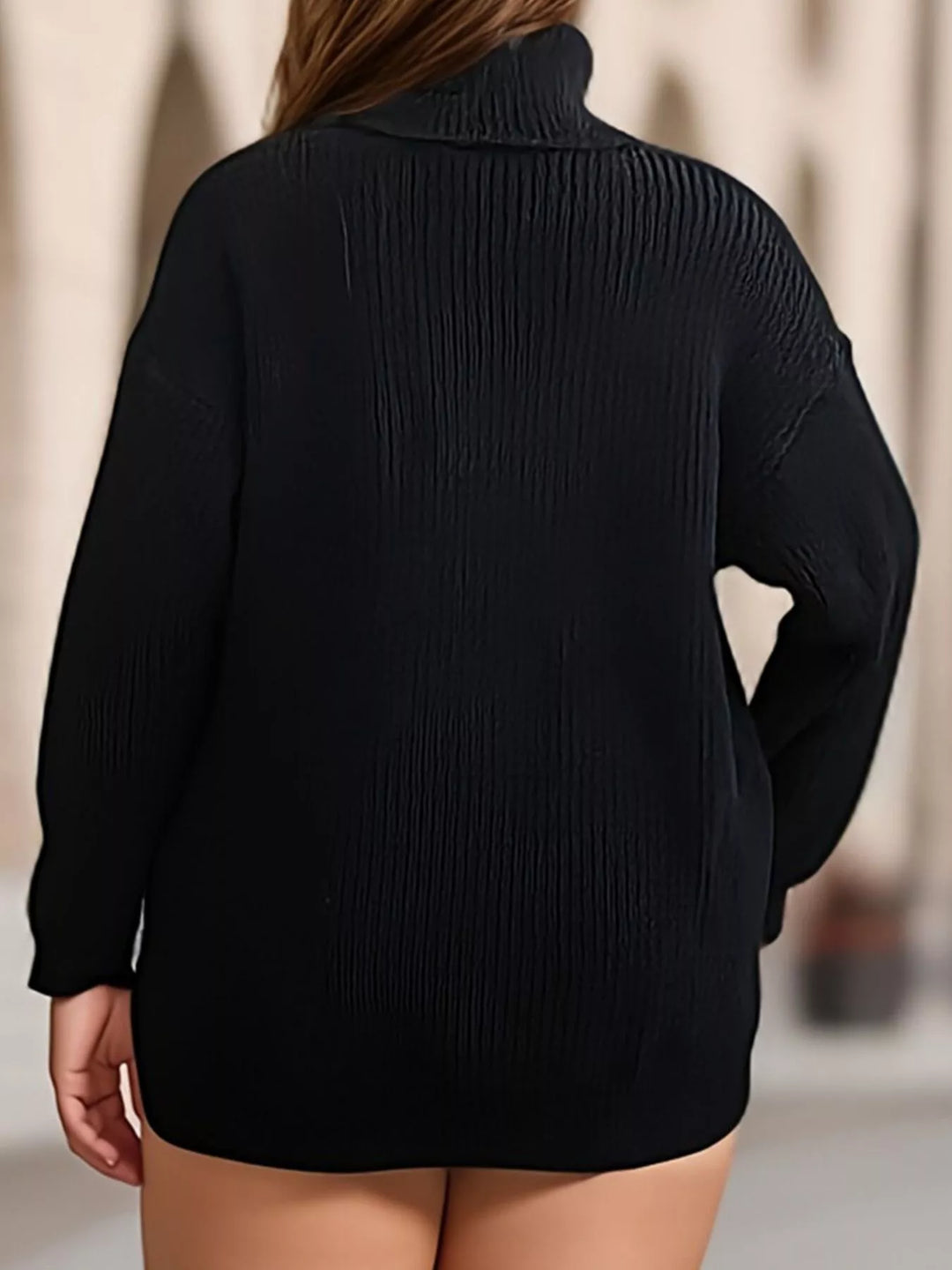 Ribbed turtleneck sweater with side slit and drop shoulders