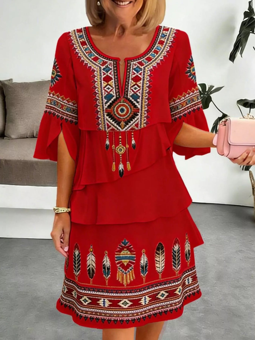 Red Tribal print tiered ruffle mini dress with notched neckline