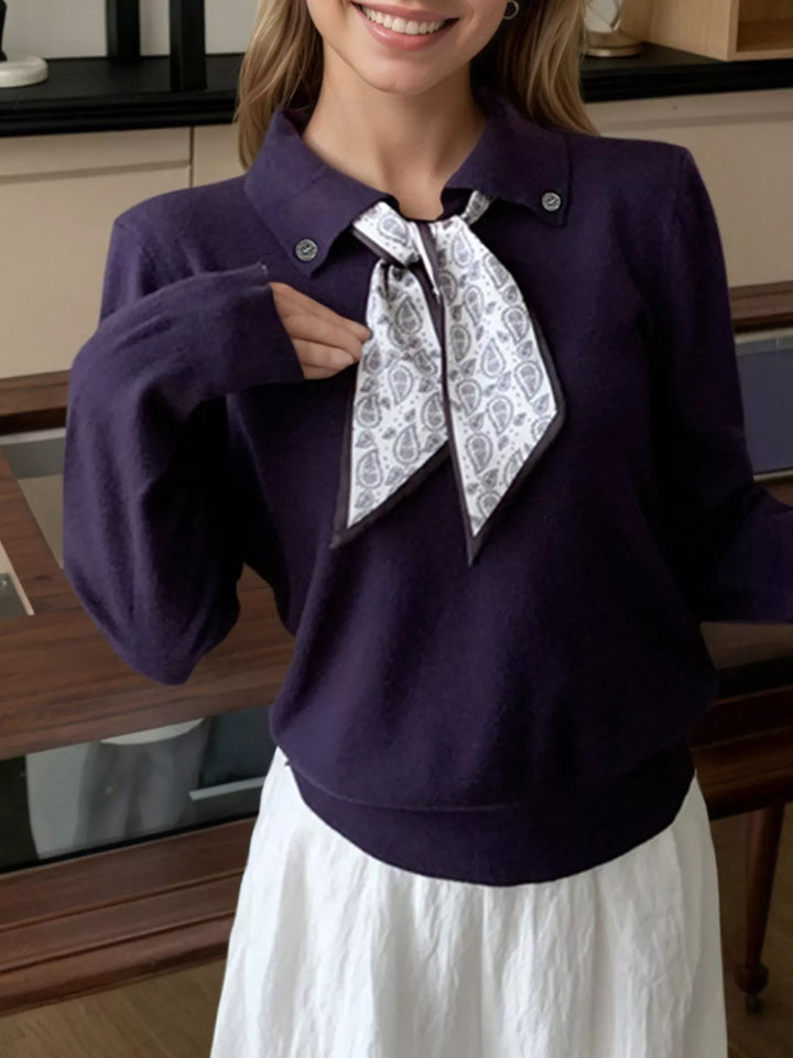 Scarf-tie collared long sleeve knit sweater
