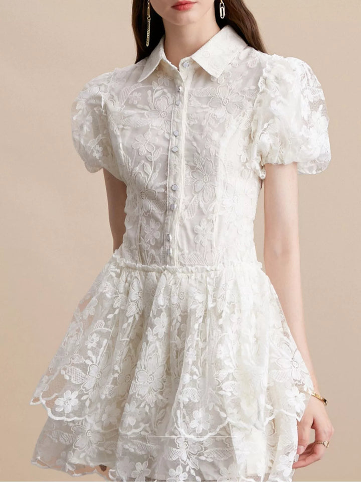 Apricot Floral lace puff sleeve mini dress with tiered skirt