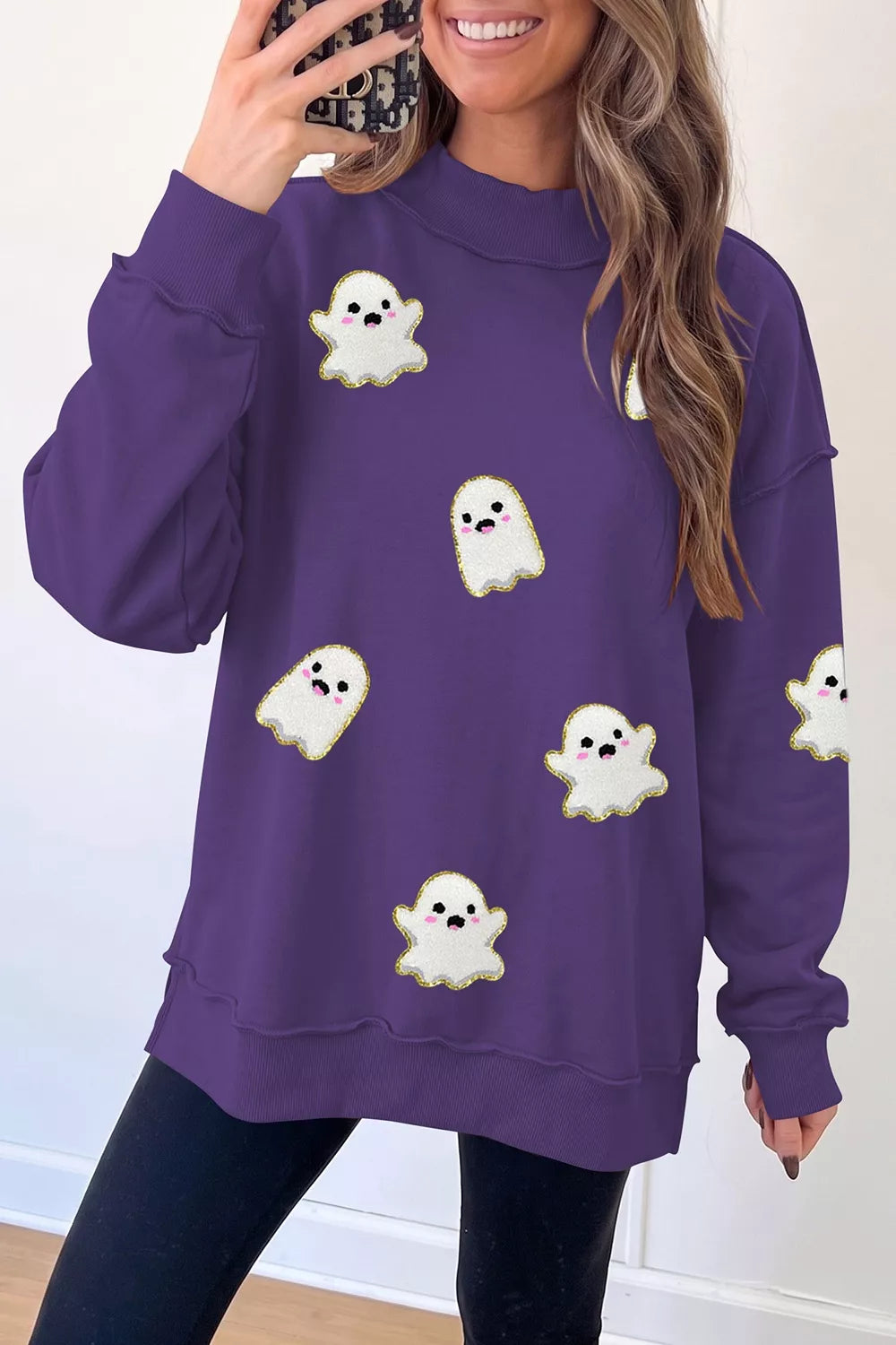 Glitter ghost patch mock neck tunic sweatshirt