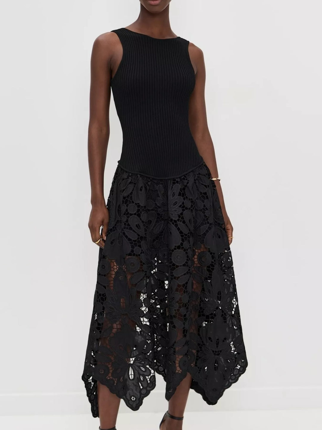 Sleeveless ribbed knit and crochet handkerchief-hem midi dress