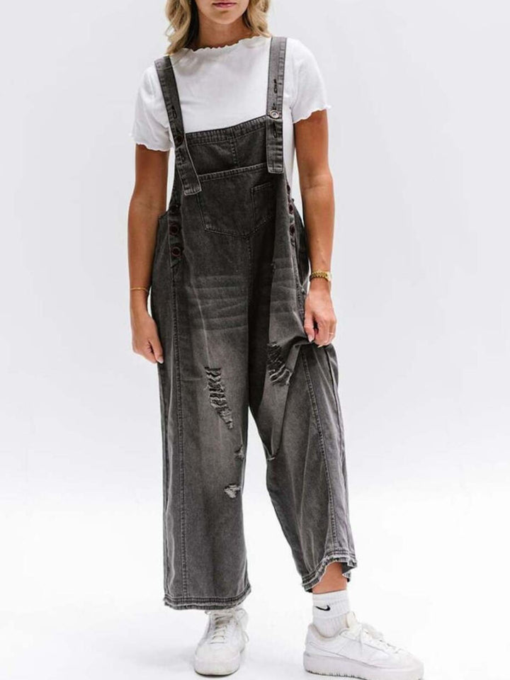 Black Distressed wide leg denim overalls with adjustable straps