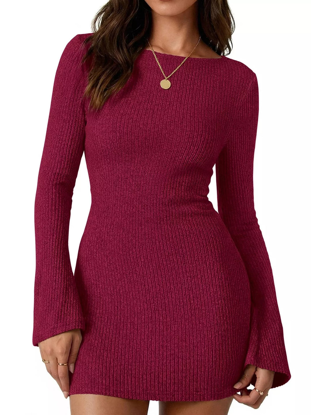 Red Ribbed knit mini sweater dress with flared sleeves