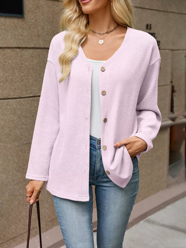 Waffle knit V-neck button-down cardigan with pockets
