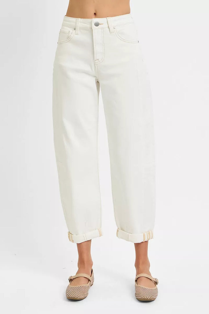 High-rise barrel-leg cropped jeans with rolled cuffs