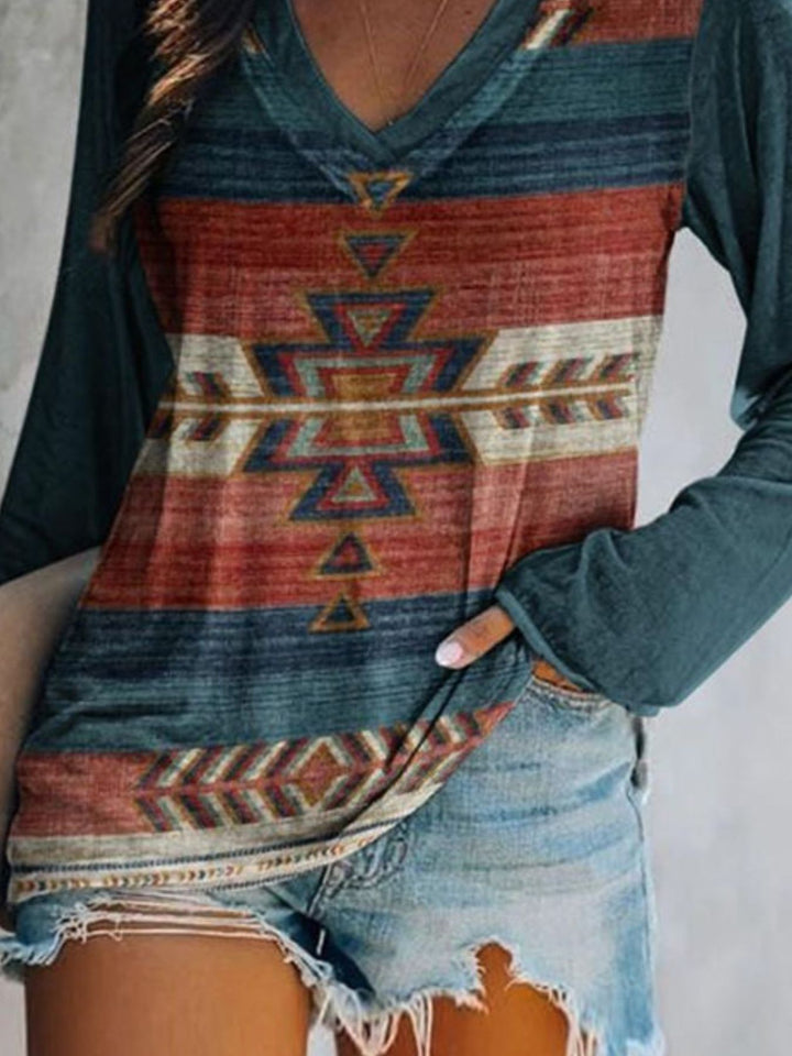 Aztec geometric print v-neck long sleeve top