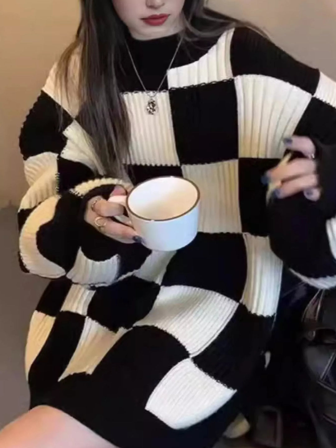 Checkerboard oversized ribbed knit sweater