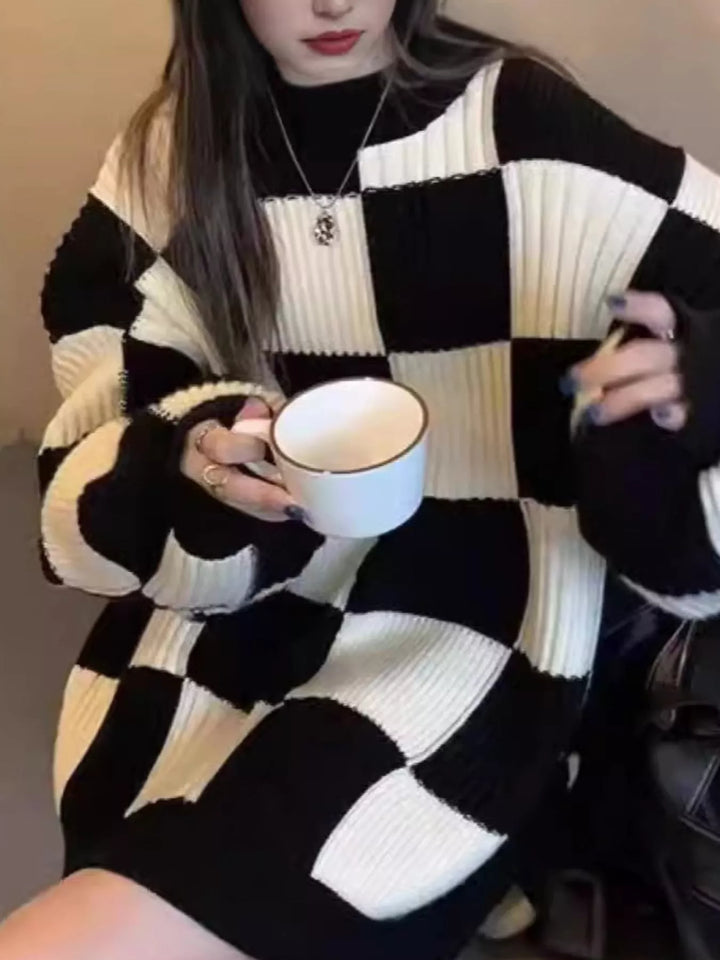 Checkerboard oversized ribbed knit sweater