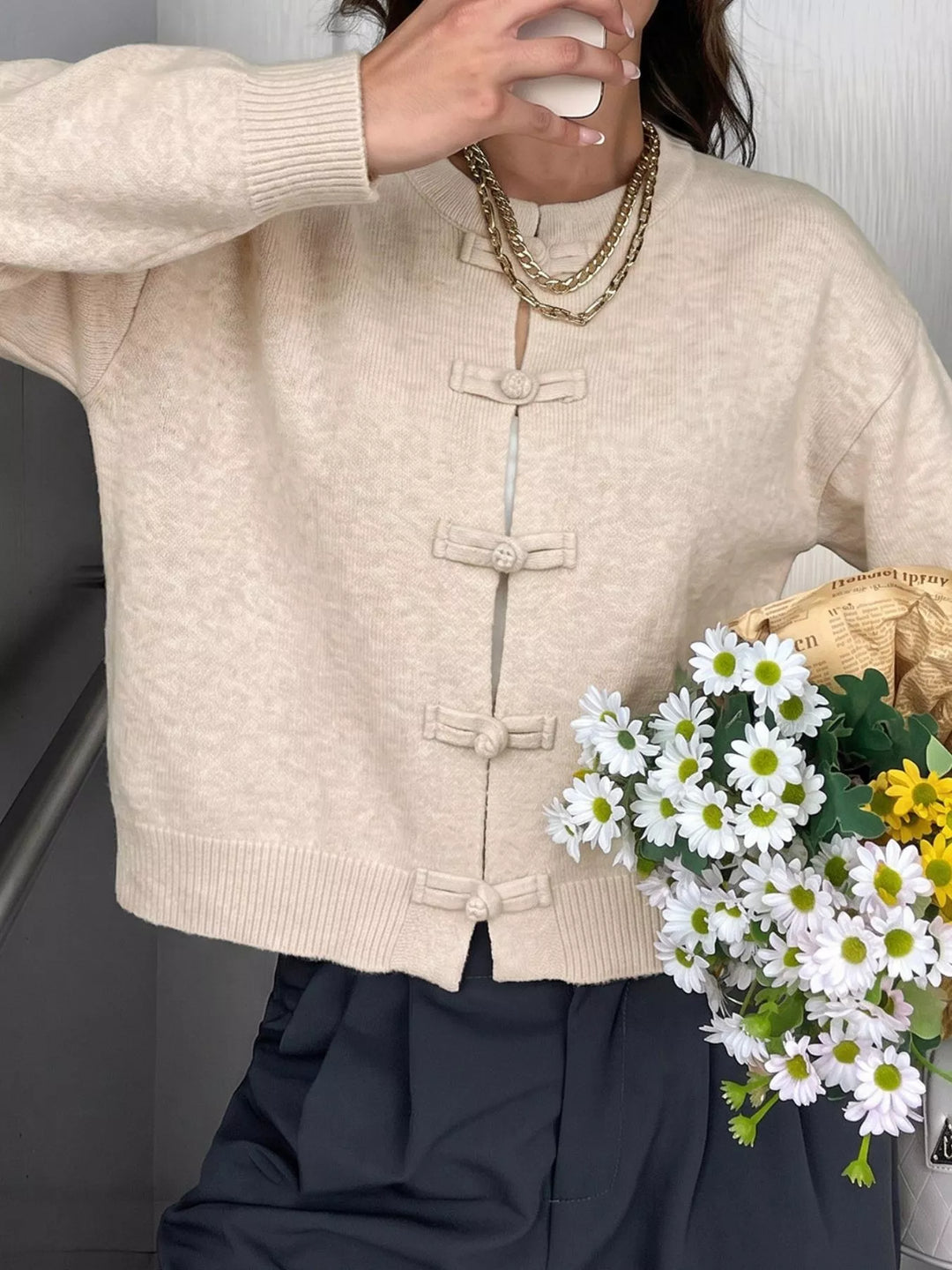 Knot button dropped shoulder knit cardigan