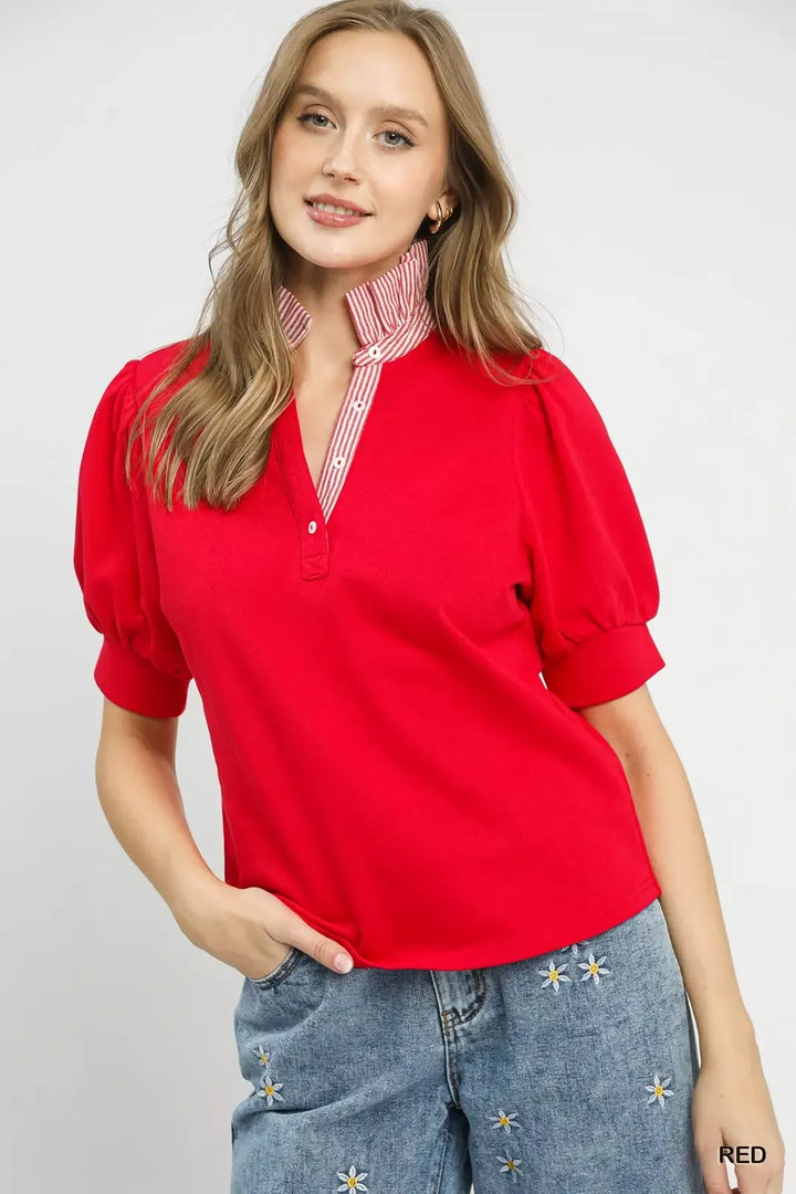 RED Contrast striped collar puff sleeve popover top