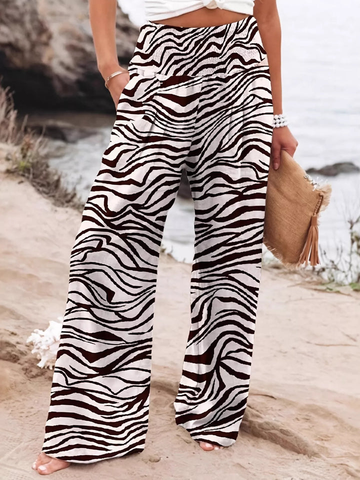 Black Plus size zebra print wide-leg pants with drawstring
