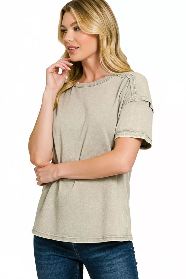 Acid wash round neck cotton tee with exposed seams