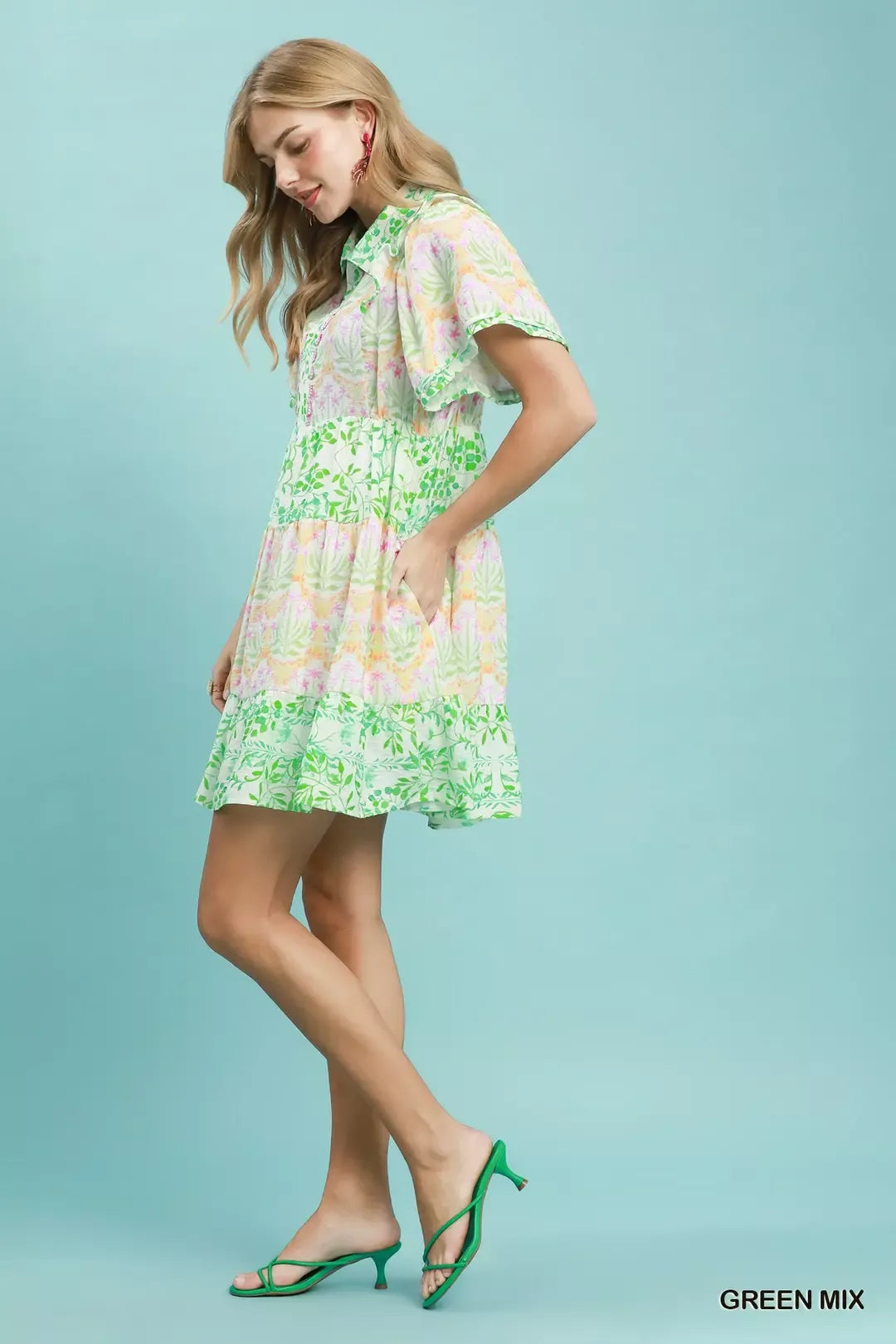 Mixed floral tiered mini shirtdress with flutter sleeves