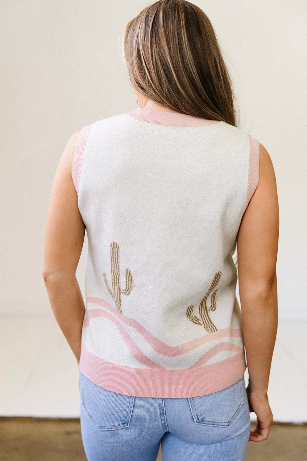 Cactus knit button-front sweater vest with contrast trim