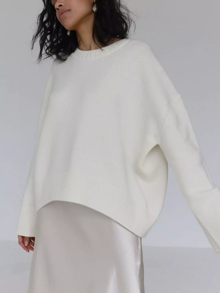 White Oversized ribbed-hem drop-shoulder crewneck sweater