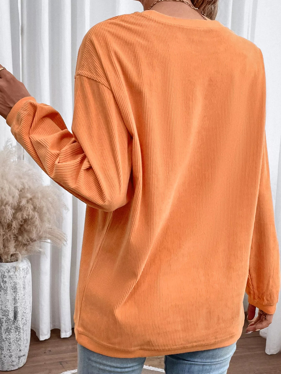 Sequin pumpkin ribbed corded crew neck sweatshirt