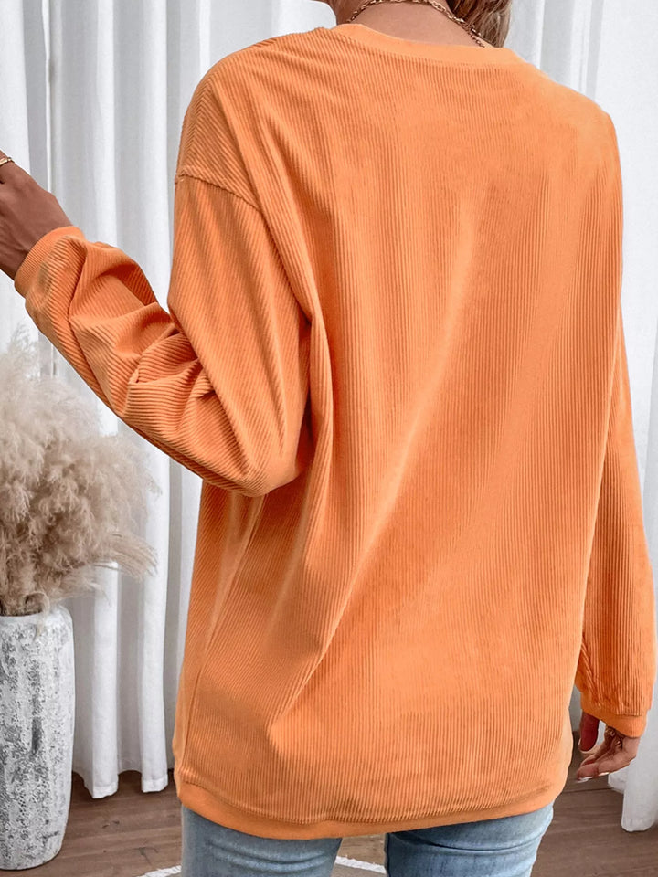 Sequin pumpkin ribbed corded crew neck sweatshirt
