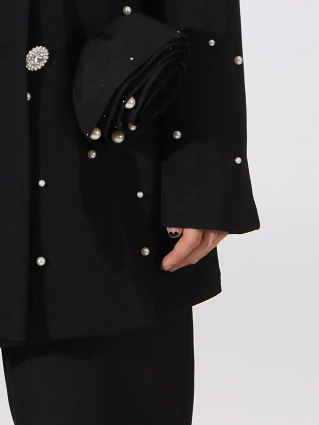 Pearl beaded double-breasted blazer with rosette appliques