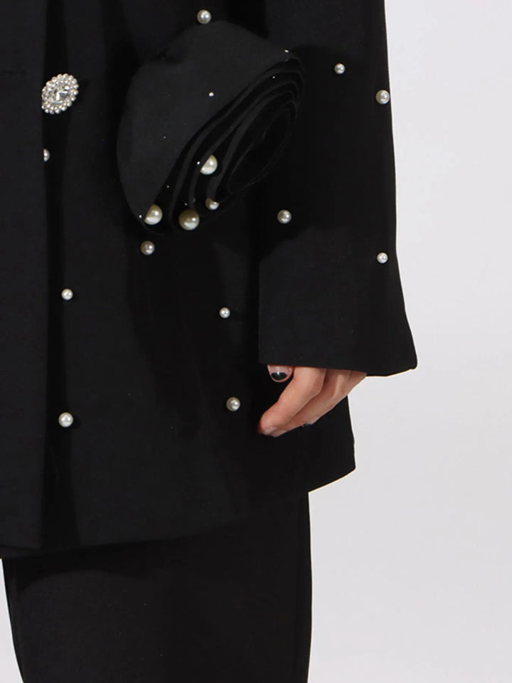 Pearl beaded double-breasted blazer with rosette appliques