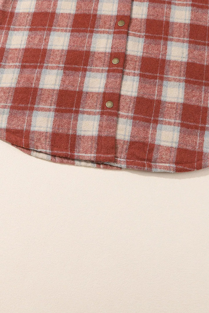 Sherpa-lined plaid hooded shacket with snap front