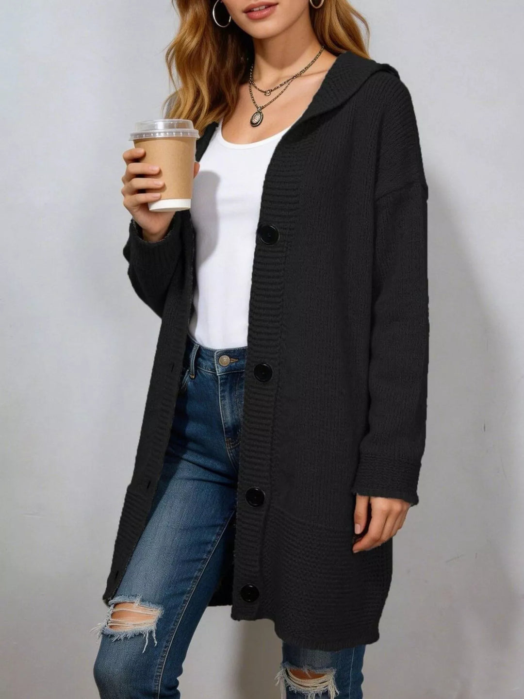Black Hooded button-front longline knit cardigan with pockets