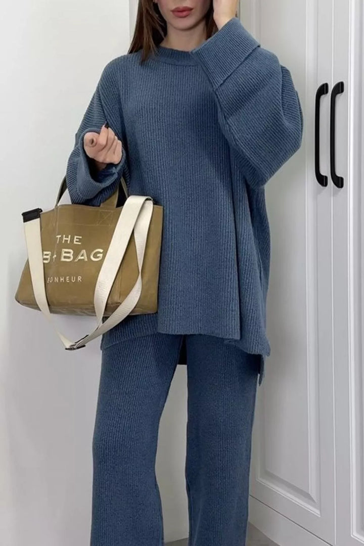 Ribbed knit dropped shoulder sweater and wide leg pants set