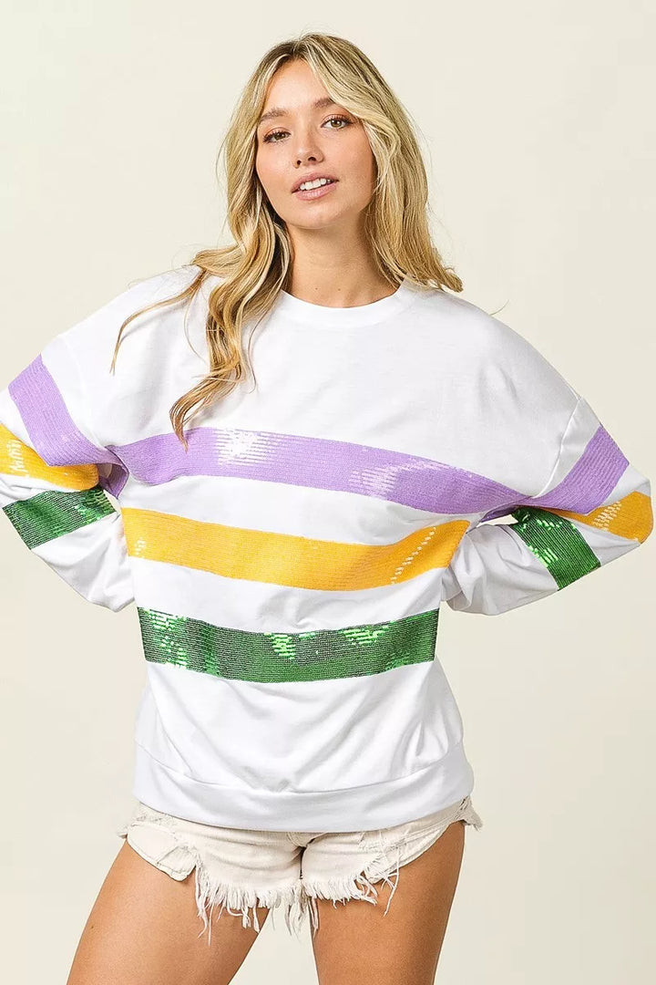 Sequin stripe Mardi Gras crewneck sweatshirt