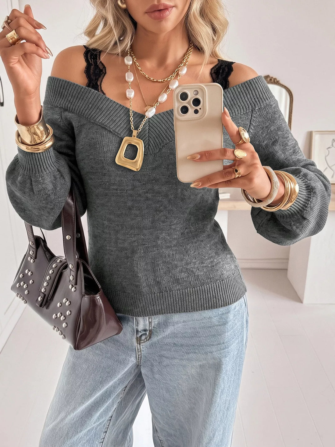 Lace trim off-shoulder V-neck knit sweater