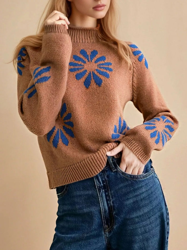 Floral intarsia mock neck raglan sleeve knit sweater