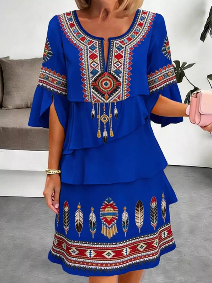 Blue Tribal print tiered ruffle mini dress with notched neckline