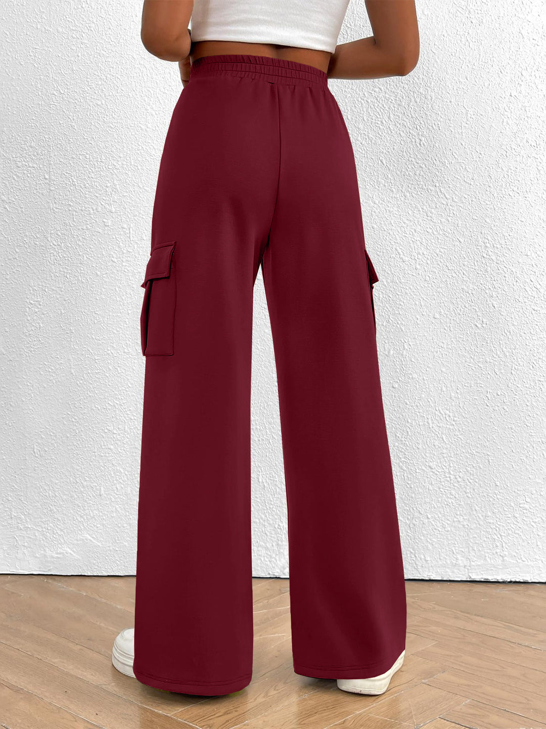 Drawstring high-waist wide-leg cargo pants with flap pockets