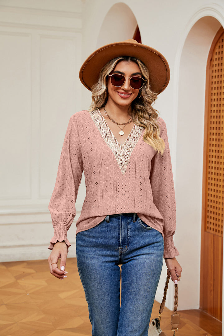 Contrast crochet V-neck eyelet blouse with flounce cuffs
