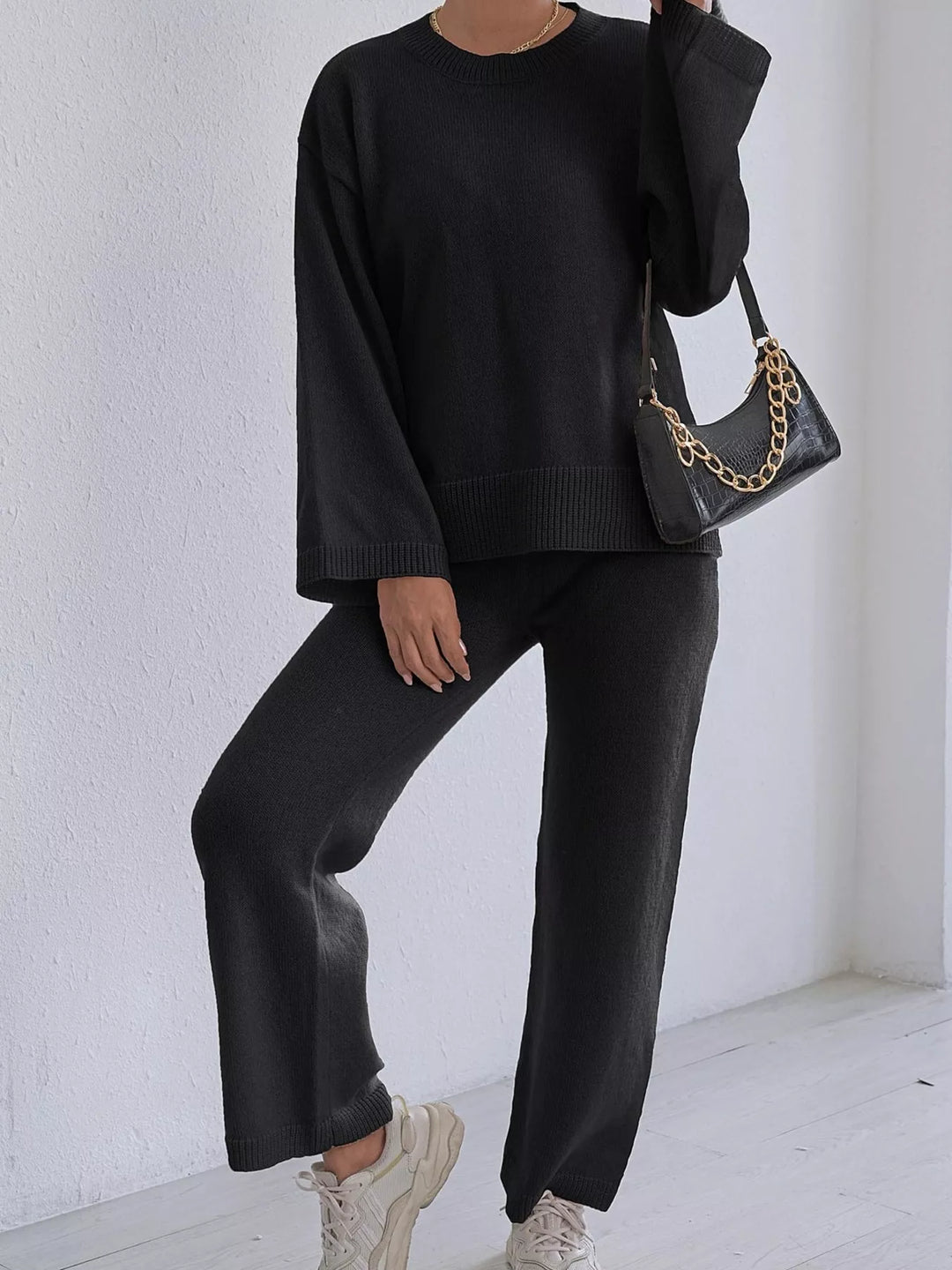 Black Suit Drop shoulder knit sweater and wide leg pants set