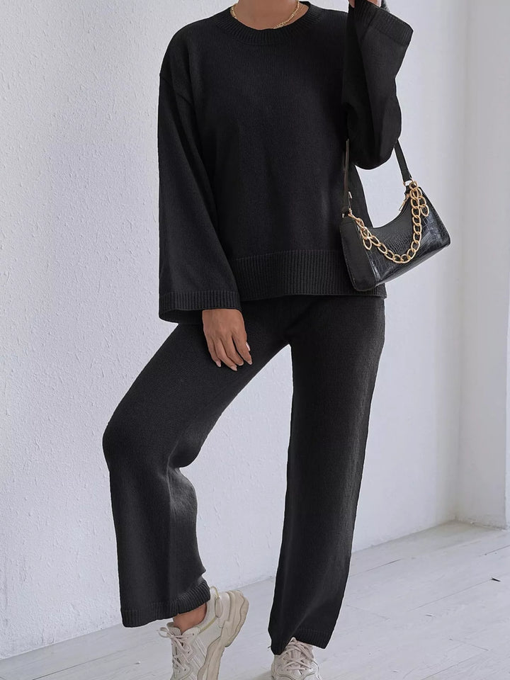 Black Suit Drop shoulder knit sweater and wide leg pants set