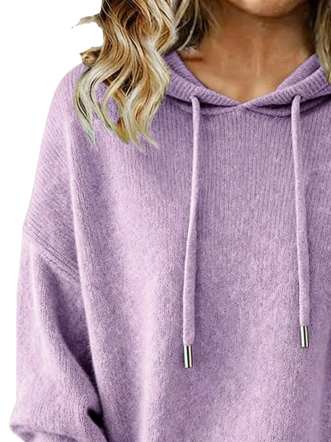 Drawstring hooded knit pullover sweater with ribbed cuffs