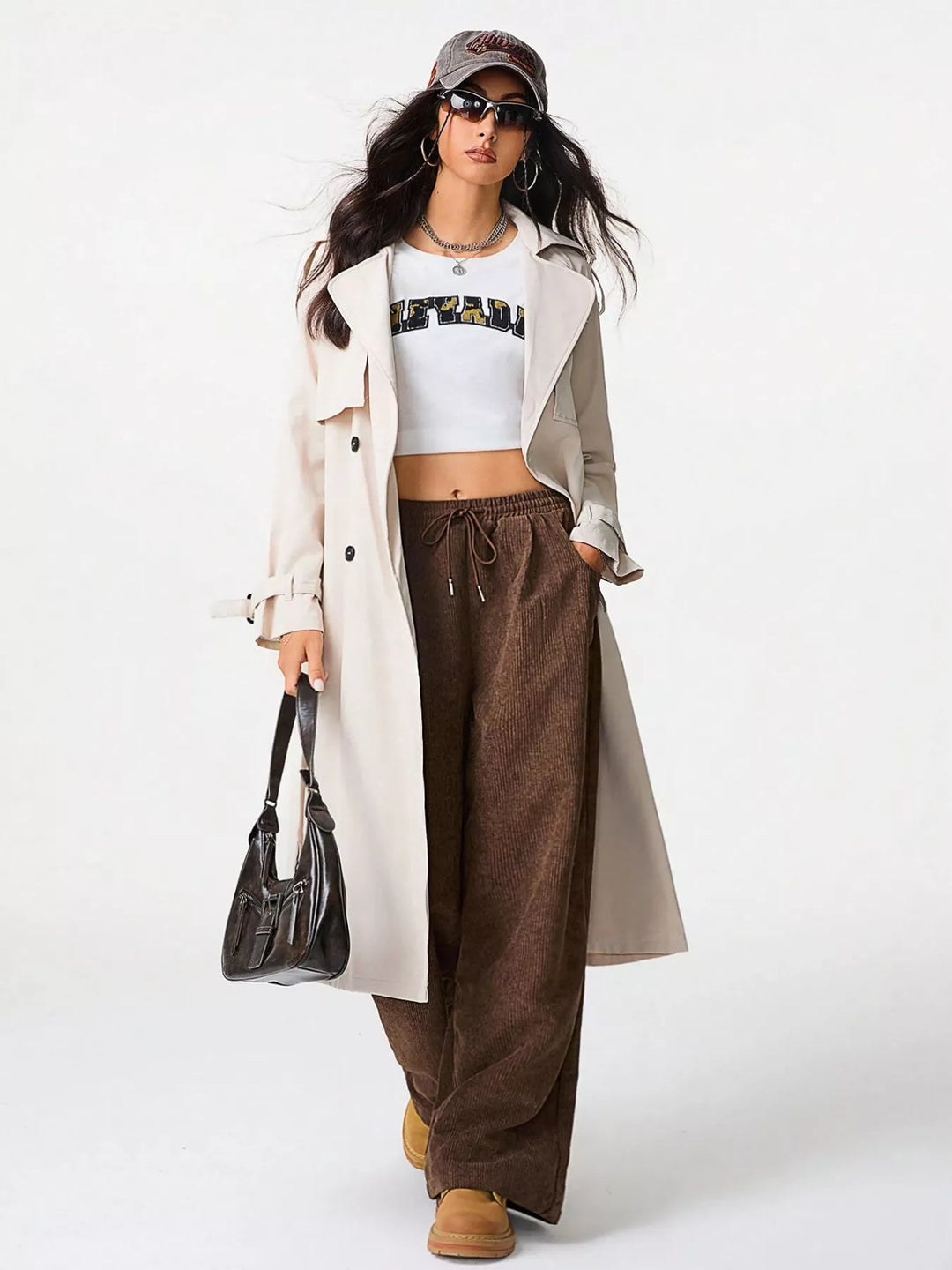 Wide-leg corduroy drawstring pants with pockets