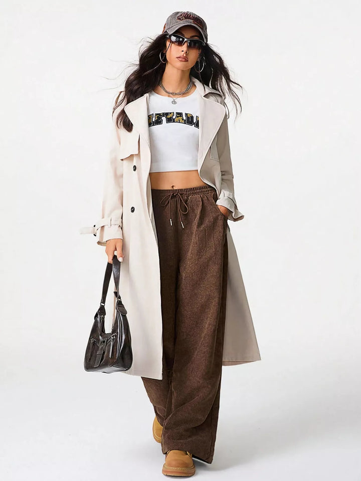 Wide-leg corduroy drawstring pants with pockets