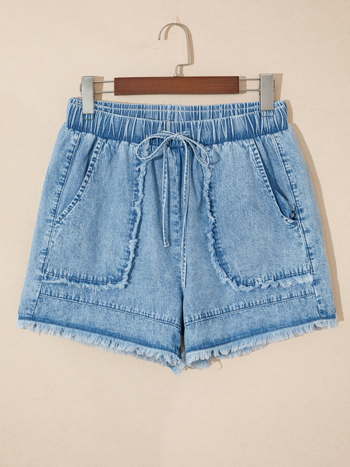Drawstring denim shorts with raw hem and patch pockets