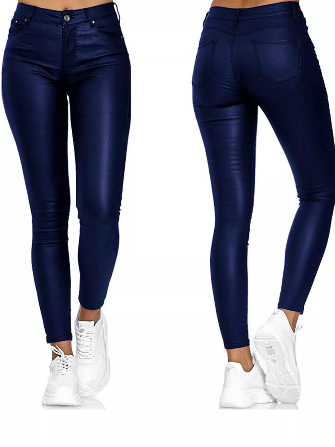 Blue Coated high-rise skinny pants with five-pocket styling
