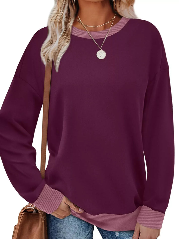 Purple Drop-shoulder crew neck sweatshirt with contrast ribbed trim