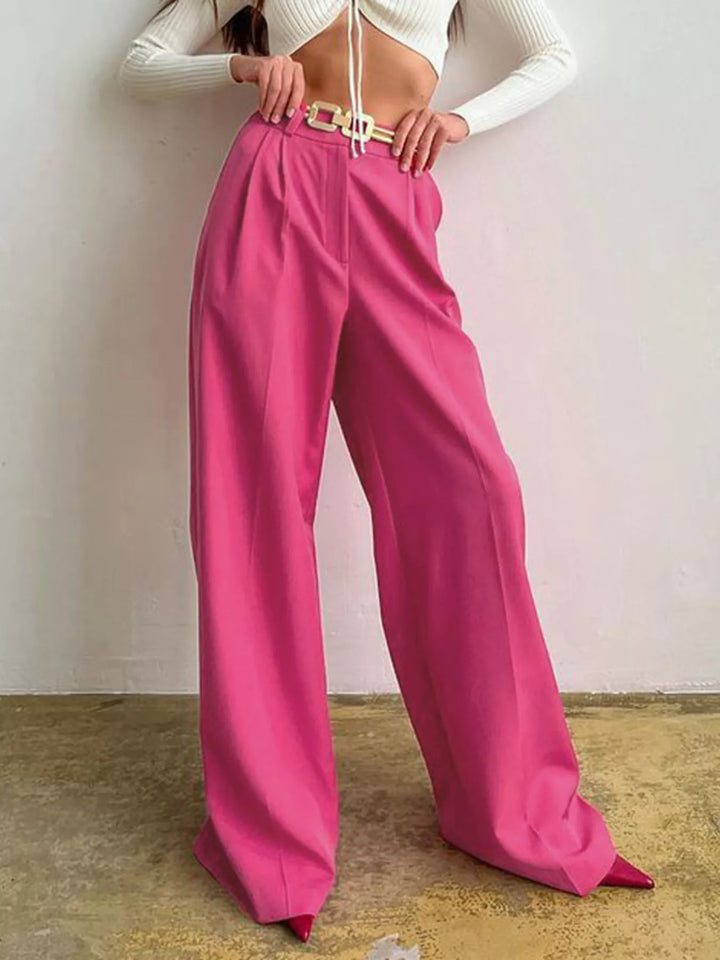 Hot Pink Pleated wide-leg dress pants with high-rise waist