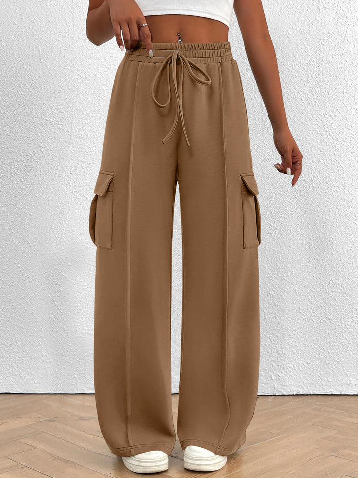 Khaki Drawstring high-waist wide-leg cargo pants with flap pockets
