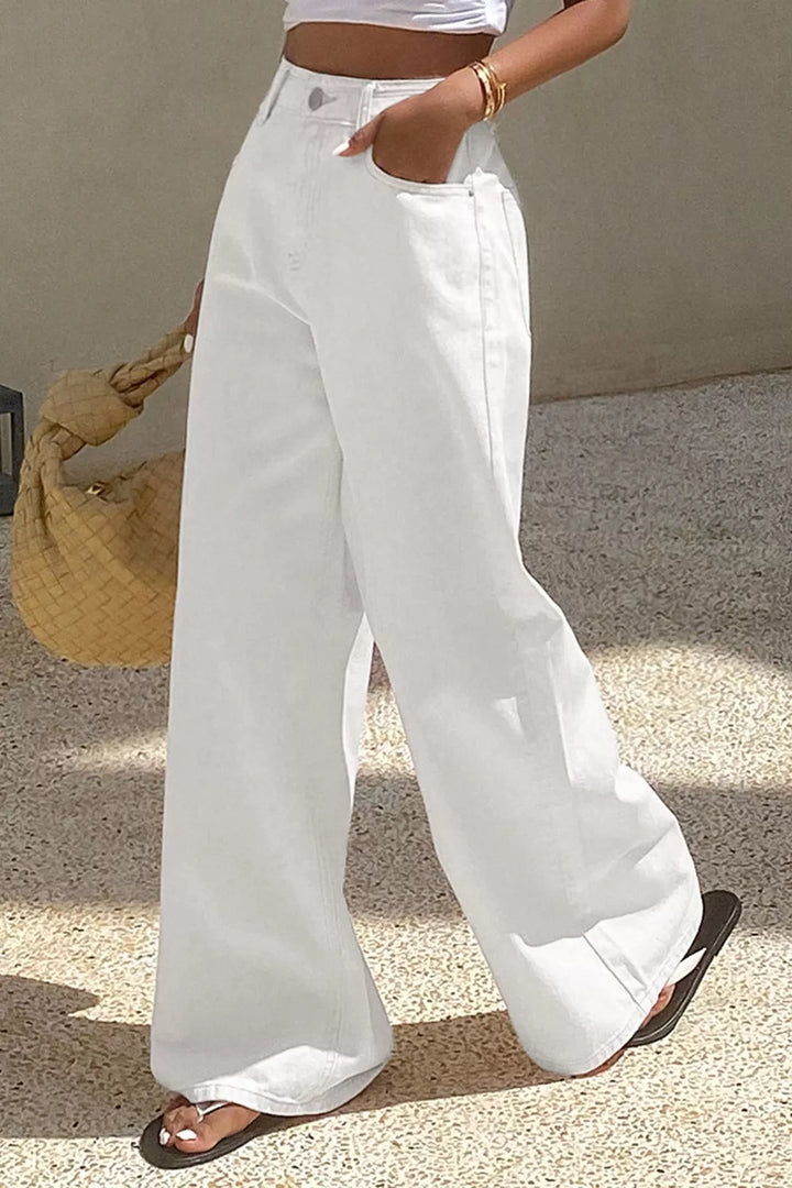 High-rise wide-leg solid cotton-blend jeans