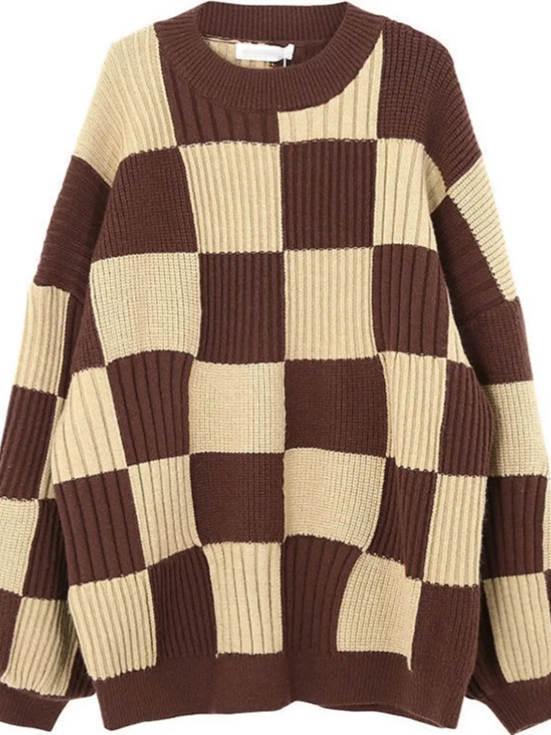 Khaki Checkerboard oversized ribbed knit sweater