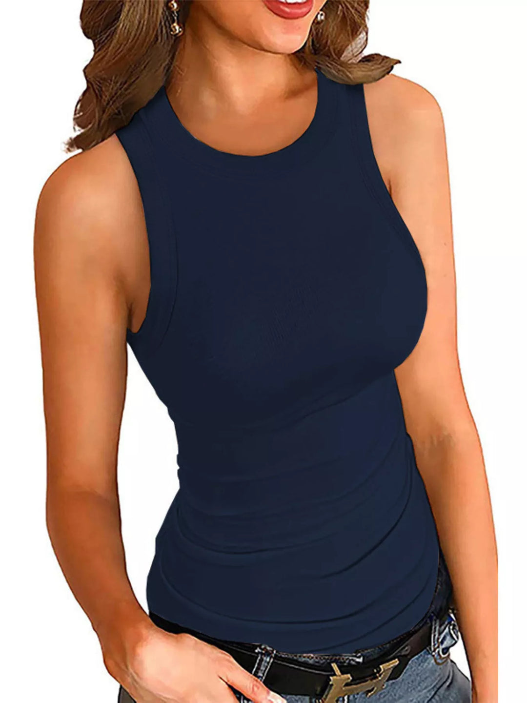 Navy Blue Fitted ribbed round-neck sleeveless tank top