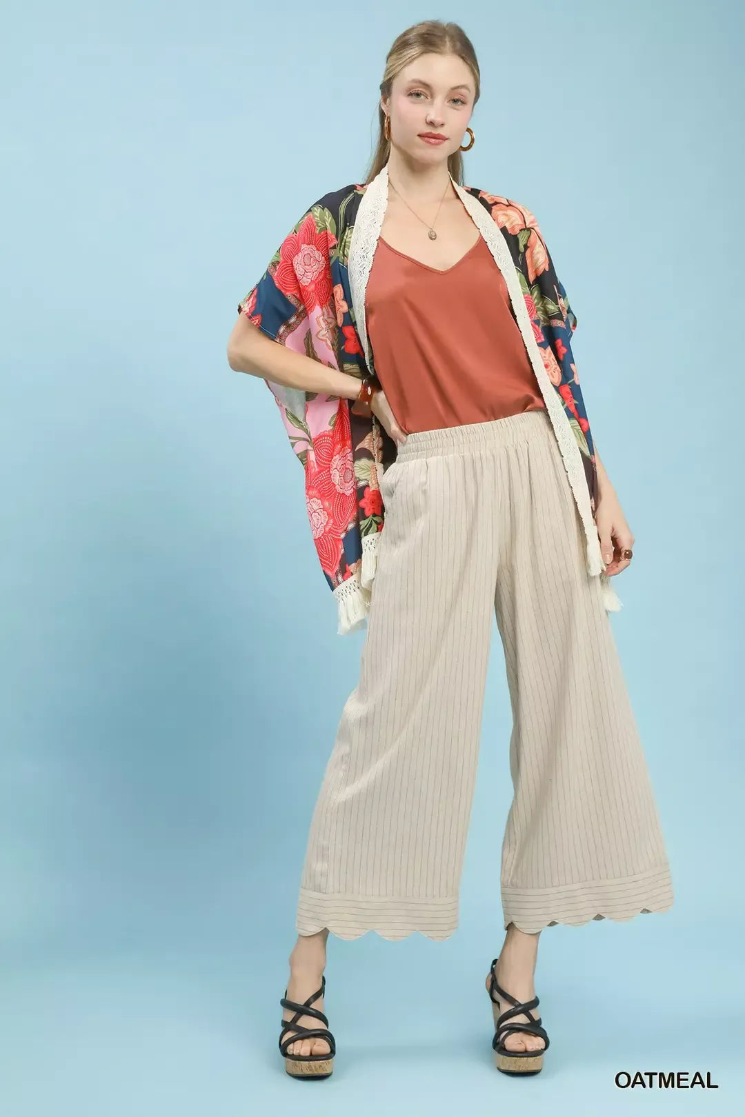 Pinstripe wide-leg linen pants with scalloped hem